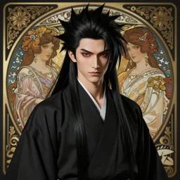 demon martial artist, handsome japanese demon boy, young adult yokai with long spiky black hair, vampire, vantablack gi, simple clothes, red eyes, ultra realistic, intricate details, highly detailed, subsurface scattering, photorealistic, octane render, 8 k, art by artgerm, greg rutkowski, magali villeneuve, alphonse mucha