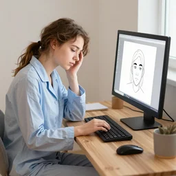 finnish girl in pyjamas working on computer, tired bags around eyes, digital art, artstation