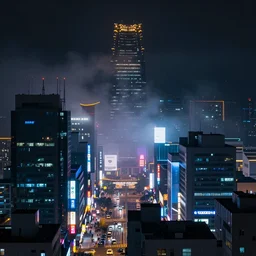 modern korean cityscape at night, low clouds, foggy, colorful lighting, dark atmosphere, neon signs and billboard ads, dim volumetric lighting, 8 k octane render, hdr, postprocessing, hyperdetailed, intricate, epic composition, cinematic lighting, masterpiece, trending on artstation, by nathan walsh, by greg rutkowski