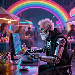 cyberpunk goth old man cyborg working on cyberpunk computer in cyberpunk farmers market by william barlowe and pascal blanche and tom bagshaw and elsa beskow and enki bilal and franklin booth, neon rainbow vivid colors smooth, liquid, curves, very fine high detail 3 5 mm lens photo 8 k resolution