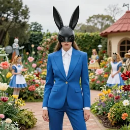 super model wearing a blue suit and a bunny mask, looking feminine and fierce , in the middle of a colorful garden, Alice in wonderland theme, detailed, cinematic lighting, photo in the style of Annie Leibovitz and David lachapelle and Steve meiele