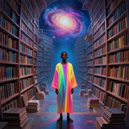 a breathtaking 8 k resolution matte painting of a black boy wearing neon robes inside a vast and endless four dimensional solarpunk library a the end of the galaxy, timbuktu, in a symbolic and meaningful style, by m. c. escher and greg rutkowski and zdislaw beksinki, radiant lighting
