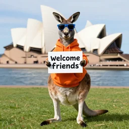 a portrait photo of a kangaroo wearing an orange hoodie and blue sunglasses standing on the grass in front of the sydney opera house holding a sign on the chest that says welcome friends, subject : kangaroo, subject detail : wearing orange hoodie, wearing blue sunglasses, subject location : sydney opera house, subject action : holding sign