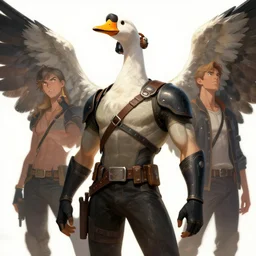 character art by wlop, and j scott campbell, gooseman, male hero, goose - head, wings, 4 k, arstation, trending, high quality, very detailed, digital