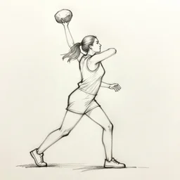 rough sketch outline of a woman throwing a rock, facing right, three quarter view