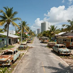 wide angle shot of dilapidated fallout 5 tropical coastal city in real life, desolate, dilapidated, empty streets, some rusted retro futuristic vintage styled parked vehicles like cars, buses, trucks, trams, sunny weather, few clouds, volumetric lighting, photorealistic, daytime, spring, sharp focus, ultra detailed, technicolour 1