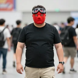 a short stocky Italian man wearing a red ski mask over his face, with black goggles on his head, black t-shirt and light khaki cargo shorts, posing for a picture at anime matsuri convention