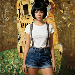 a girl with black hair pixie cut in shorts with suspenders drawn by akira nishitani, frank frazetta, ralph bakshi, alphonse mucha, gustav klimt 8k, 4k, unreal 5, DAZ, trending on artstation, octane render, hyperrealistic
