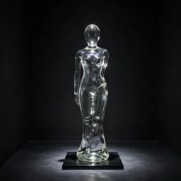 a glass statue made of curves displayed in an empty black room