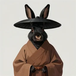 anthropomorphic jackrabbit harengon with black skin, wearing stylized monk robes, wearing a very wide brimmed black hat, digital art featured on artstation