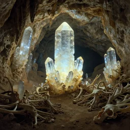a cave with huge glowing crystals in the walls and piles of bones on the floor, art by jeff brown