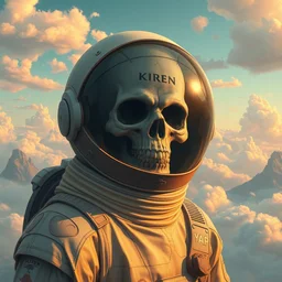 an undead astronaut with his helmet on by kren cushart on an alien cotton candy world clouds landscape