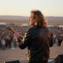 portrait photograph of robert plant from the back performing in the atacama desert by mark owen. crowd in the background. kodak portra film!!. whirl bokeh!. mamiya 7. highly detailed. hq. photoreal. golden hour. in - frame