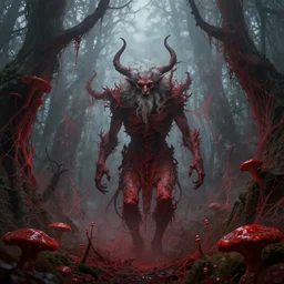 elder demons from the abyss in a misty forest, red webs and fungus, red by emil melmoth, by rozalski, by greg rutkowski, cinematic, detailed, intricate