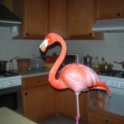 a flamingo in a stalinist style kitchen, by mini dv camera, very very low quality, heavy grain, very blurry, accidental flash, caught on trail cam