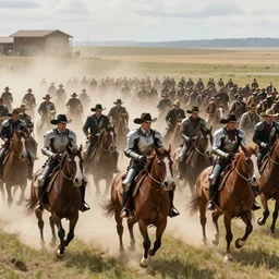 cinematic wide shot of hundreds of cowboy outriders on horseback wearing suits of armor and cowboy hats riding into battle against the enemy, by Greg Rutkowski, 4k, masterpiece
