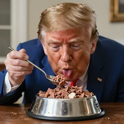 Donald trump eating wet dog food out of a dog bowl with a spoon, 4k, highly detailed