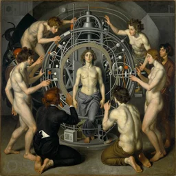 a painting of gathering psycological complexes that hysterically encircle the realization of self inside an intrincate technological monolith by gustav moreau, jean delville and  Gaston Bussiere