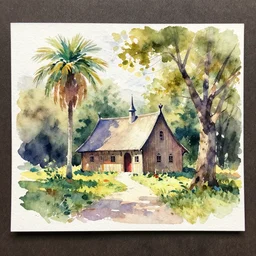 small centered on watercolor paper, paint brush strokes, abstract watercolor painting of ancient viking house in city park, palm and oak trees, sunshine though foliage, translucent leaves, cinematic light, national romanticism by hans dahl, by jesper ejsing, by anders zorn, by greg rutkowski, by greg manchess, by tyler edlin