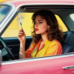 brunette woman smoking in a car, 1 9 8 0 s, bold, kitch, colourful, shapes
