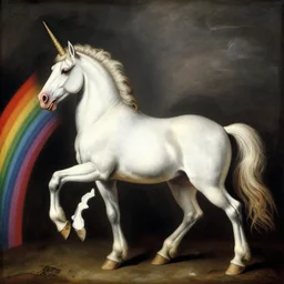 a unicorn walking on a rainbow in the style of caravaggio