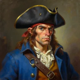 portrait of guybrush threepwood from monkey island video game, triangular pirate hat, blue coat, highly detailed, stylized, oil painting by tim hildebrandt, greg hildebrandt, wlop, rpg portrait, character art, dynamic lighting, fantasy art
