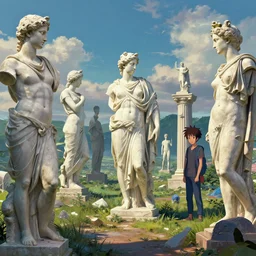 A surreal landscape full of broken Greek Sculptures, rendered by Beeple, by Makoto Shinkai, syd meade, simon stålenhag, synthwave style, environment concept, digital art, unreal engine, WLOP, trending on artstation, 4K UHD image, octane render,