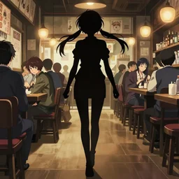 anime visual, portrait of a young female walking through a busy tavern interior, face by yoh yoshinari, murata range, last exile, blue submarine no 6, dynamic pose, dynamic perspective, detailed silhouette, cel shaded anime