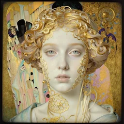 a beautiful girl's face made of ivory and gold filigree, daguerreotype by edward hopper, by Bosch, by klimt, art noveau, highly detailed, strong lights, liminal, eerie, Bright pastel colors, octane render, 8k,