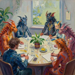 a group of daemons at a conference on moral bioenhancement, artistic composition, vivid, bright colours, oil painting, deep impasto