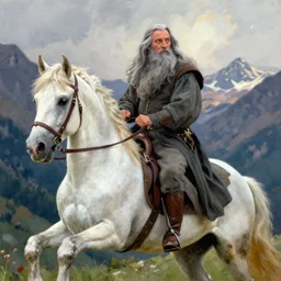 a Portrait of gandalf the grey riding a White horse in the mountains by Norman Rockwell