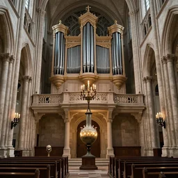 a complex ancient pipe organ cathedral interior, 4 k, stone pews, skulls, giant alembic, candle lighting, octane render, natural color scheme, architectural photography, f 3 2, still from movie by guillermo del toro