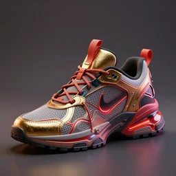 realistic 3 d render of a cyberpunk android sneaker, beautiful studio lighting, soft, sharp focus, neon cyberpunk highlights, intricate detail, gold and red metal, soft rubber, textured plastic, octane render, side view, close up, trending on artstation, deviantart, nike, adidas, jakub rebelka