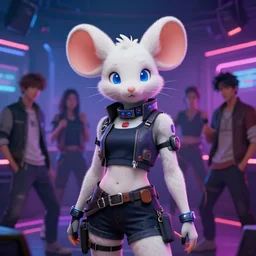 beautiful portrait of a female anthropomorphic albino mouse fursona wearing cyberpunk clothes in a cyberpunk dance club. character design by disney, charlie bowater, ross tran, artgerm, and makoto shinkai, detailed, soft lighting, rendered in octane