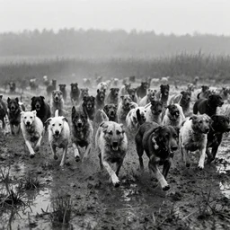 movie still by tarkovsky crowd of dogs running in a swamp, cinestill 8 0 0 t 3 5 mm b & w, heavy grain, high quality, noir, natural textures, photorealistic, ambient occlusion, hd, dof, mud, fog