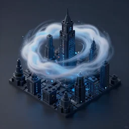 isometric view of a darkly magical assemblage of building blocks with a swirling magical cloud, depth of field artistic effect