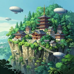 japanese rococo architecture city on a cliff, airships, dense foliage scifi movie poster art by kim jung giu and weta studio, and lucasfilm and jesper ejsing and norman rockwell greg rutkowski frank frazzeta