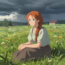 a country woman named Savannah Savage, innocent, sad blue eyes, long ginger hair in a braid, sitting in a field of flowers on a farm, gentle lighting, innocent mood, storm in the distance, somber 8k hdr pixiv dslr photo by Makoto Shinkai ilya kuvshinov and Wojtek Fus, digital art, concept art,
