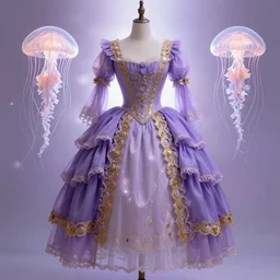 purple dress design in the style of rococo ,Victorian era，jellyfish  and Goldenlace element,dreamy, soft ,Backlight ,luminescence,Aetherpunk,highly detailed,8k