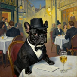 distant scene view portrait picture of a black french bulldog wearing a dinner jacket wearing a hat!!!!! sitting at a table at a crowded french cafe classic oil painting by salvador dali surrealism zoomed out