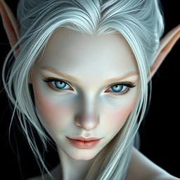 a photorealistic portrait, black background, stunningly beautiful fantasy elf. professionally retouched, soft lighting, hyper realistic, smooth face, white skin, beautifully detailed blue eyes, white hair, pointed ears, wide angle, sharp focus on the eyes, 8 k high definition, 6 4 megapixels, insanely detailed, elegant, beautiful, art by artgerm and wlop