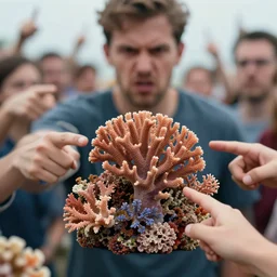realistic photo of a blurred face of an angry mob, the mob is pointing to a blob of coral reef in the shape of a human, emitting aura, 1 9 6 0, life magazine photo, natural colors, metropolitan museum, kodak, 8 k, very detailed, high resolution, product photo,