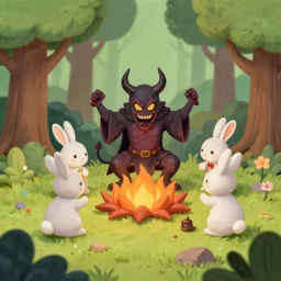 old kids book illustration of bunnies doing a demonic ritual in a small cute forest, 3 5 mm, natural lighting, matte, polymer