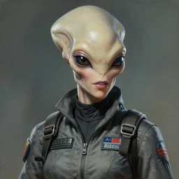 epic professional digital photo of female alien wearing air force jumpsuit, human eyes, human mouth, airbrush painting, by neal adams and joelle julie, artstation, cgsociety, wlop, epic, much wow, much detail, gorgeous, detailed, cinematic, masterpiece