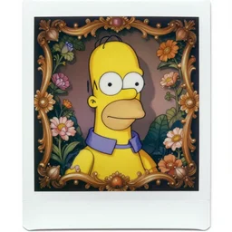 a beautiful detailed front view portrait of homer simpson with baroque ornate growing around, flowers, plants, ornamentation, elegant, beautifully soft and dramatic lit, 1 9 1 0 polaroid photo
