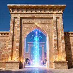 A portal to a luminous dimension, the portal is shaped like the Ishtar Gate, Ishtar Gate, mesopotamic, fantasy, magic portal, art by James Gurney, James Gurney, 8K, UHD 8K CryEngine
