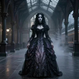 ghost woman in elaborate gown in haunted train station, Victorian architecture, spooky, mist, depth of field”