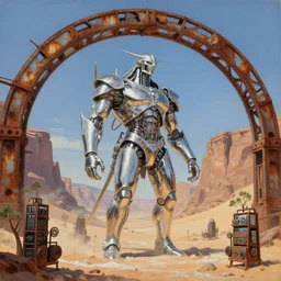 a shiny chrome gargantuan underneath a rusted metal archway that spans the sky, desert canyons in background, matte oil painting, science fantasy, biblical, salt dunes, sacred, cybernetic racks, trees, rpg, queer, pride, epic, extremely detailed, sharp focus, 4 k