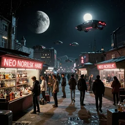 queue to a liquor store in a Russian cyberpunk slum city called Neo Norilsk on the Moon, at night, volumetric light, diverse, lively, black sky full of stars, blinding sun, sci-fi, lots of flying cars, levitation, cyberpunk outfits, photorealistic, grainy, 35mm, intricate, very very beautiful, elegant, smooth, cinematic, Unreal Engine 5, by Beeple, trending on Artstation HD