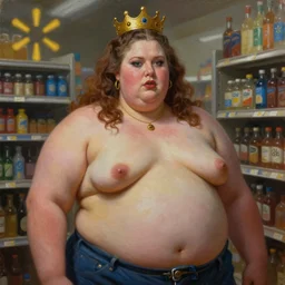 an oil painting of the queen of Walmart, an obese woman, beautiful, fantasy, hyper realistic, dramatic lighting